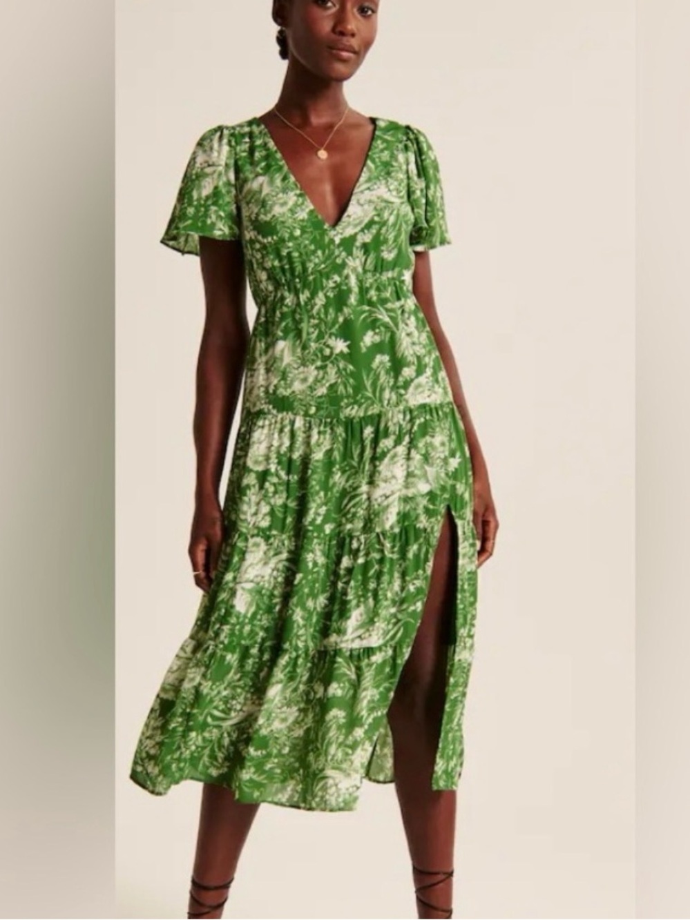 Abercrombie Green floral short-sleeve tiered midi dress